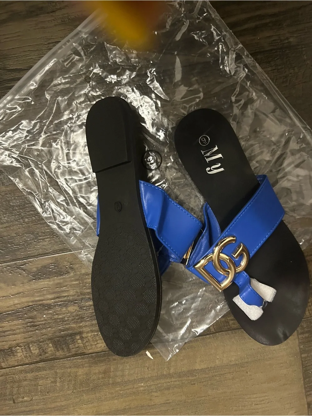 Women's Blue Thong Sandals with Gold Accent